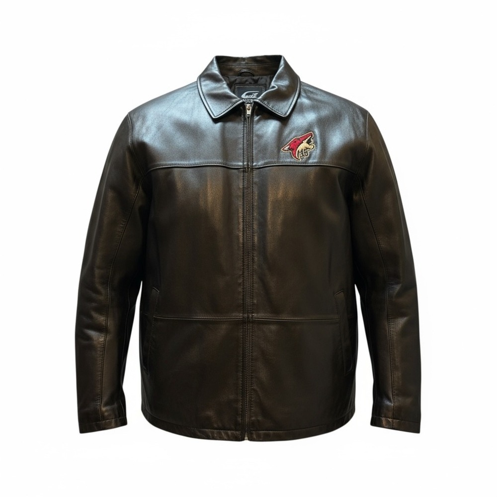 G III Sports by Carl Banks Mens Large Brown Leather Jacket Arizona Coyotes Patch